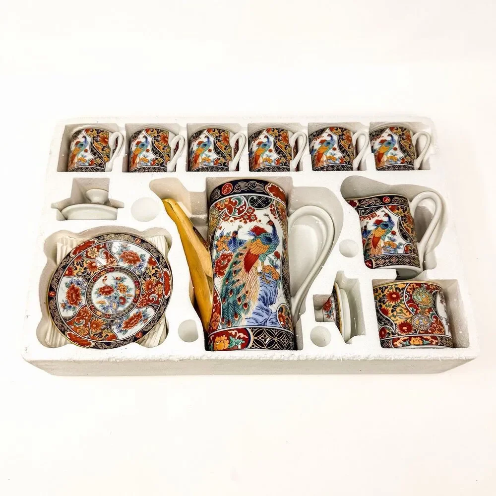 Vintage Yamasen Japan Peacock Demitasse Coffee Set 15 Pc Porcelain NEW